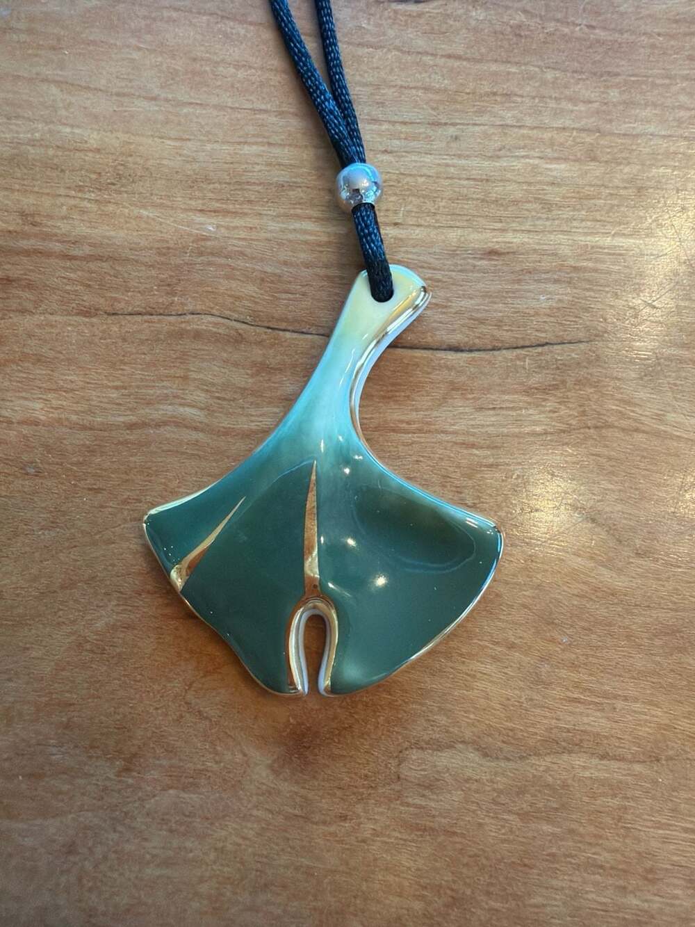Zsolnay Hungary Hand-Painted Porcelain Ginkgo Leaf Pendant Necklace 18K Gold Acc